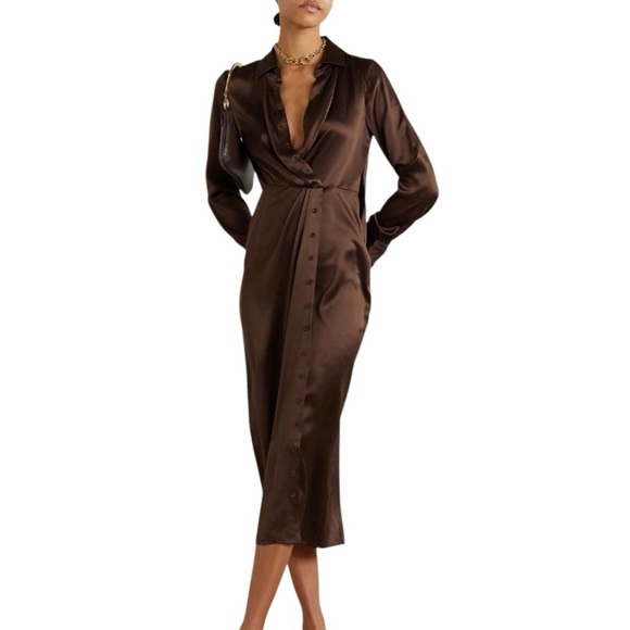 NWT Sold Out Reformation Lyon Silk Midi Shirt Dress in Brown Size 6 - Picture 2 of 12
